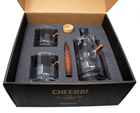 Premium Bourbon Decanter, Two Rocks Glasses, & Choice of BARREL.338 Premium Bourbon Bottle Stave | Let Freedom Ring | Gift Set